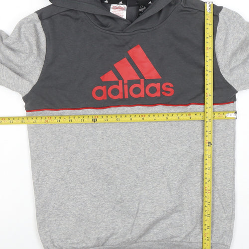 Adidas Boys Grey & Charcoal Pullover Hoodie 11-12 Years Logo Print