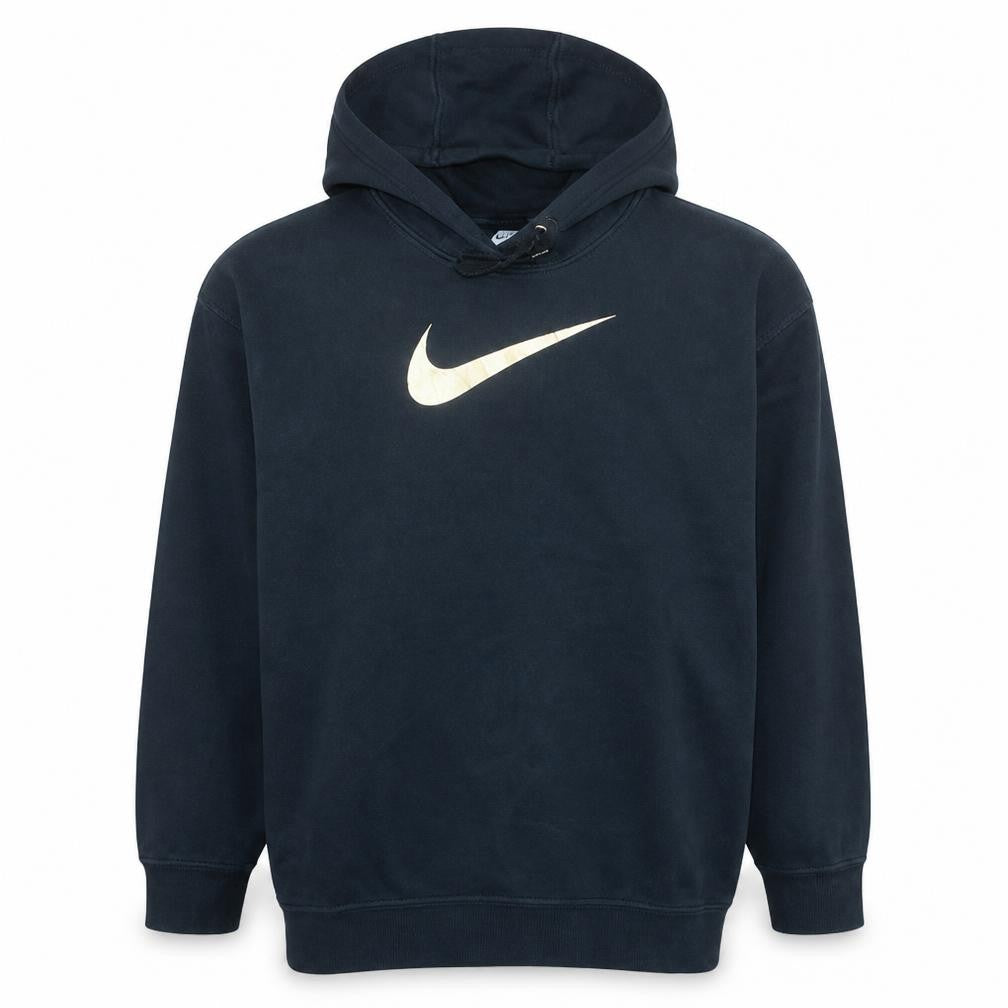 Front view of Nike women’s black pullover hoodie medium gold logo sweatshirt