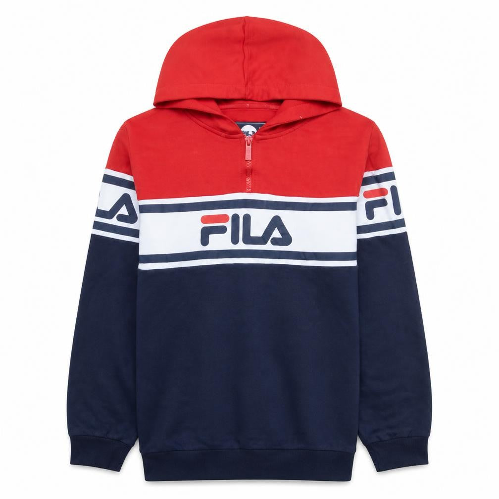 Front view of Fila boys’ blue red 1/2 zip pullover hoodie 13-15 years cotton blend