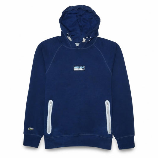 Front view of Lacoste Men's Blue Pullover Hoodie S Regular Fit Logo Zip Pocket