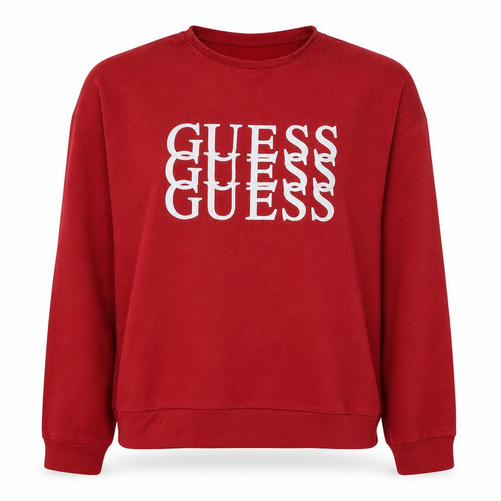 Front view of Guess Women's Red Crew Neck Logo Sweatshirt, size M