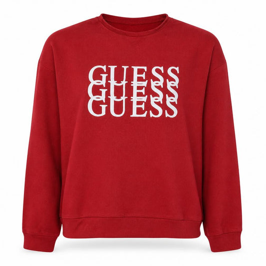Front view of Guess Women's Red Crew Neck Logo Sweatshirt, size M