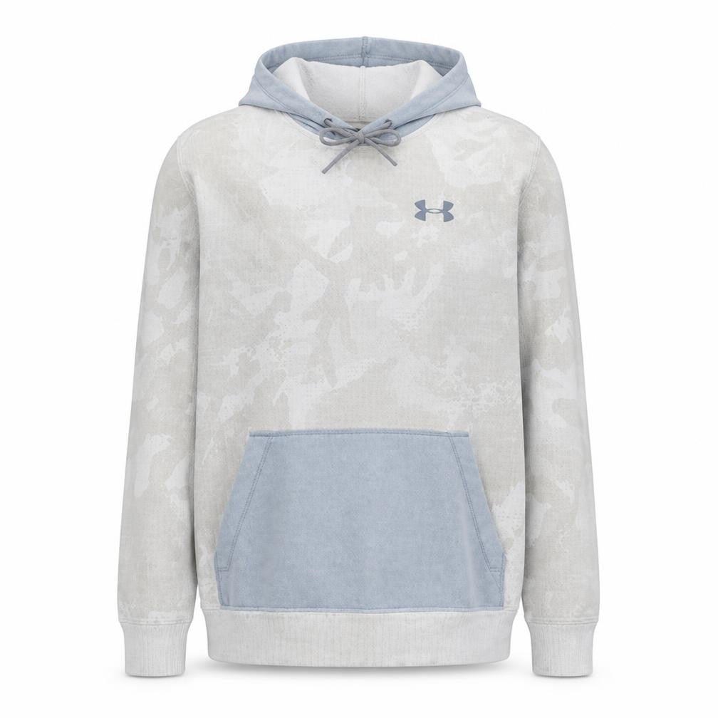 Front view of Under Armour Men Grey Camo Pullover Hoodie, size M, Loose Fit