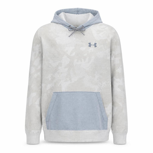 Front view of Under Armour Men Grey Camo Pullover Hoodie, size M, Loose Fit