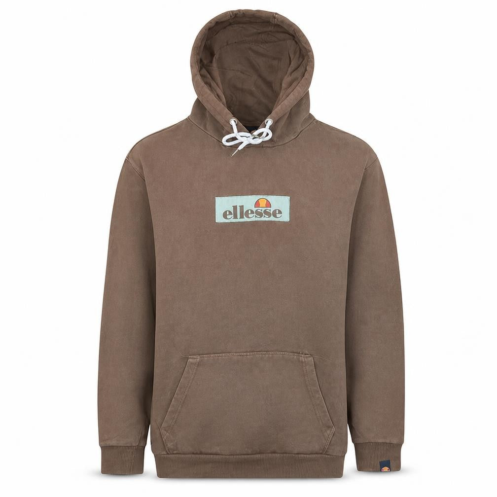 Front view of Ellesse Men's Brown Pullover Hoodie S Fleece Logo Sweatshirt