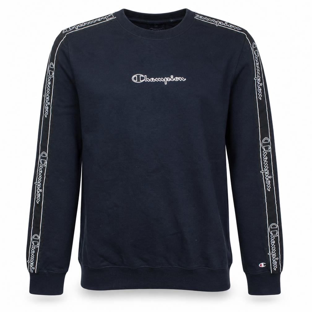 Front view of Champion Men's Black Medium Crew Neck Logo Sweatshirt