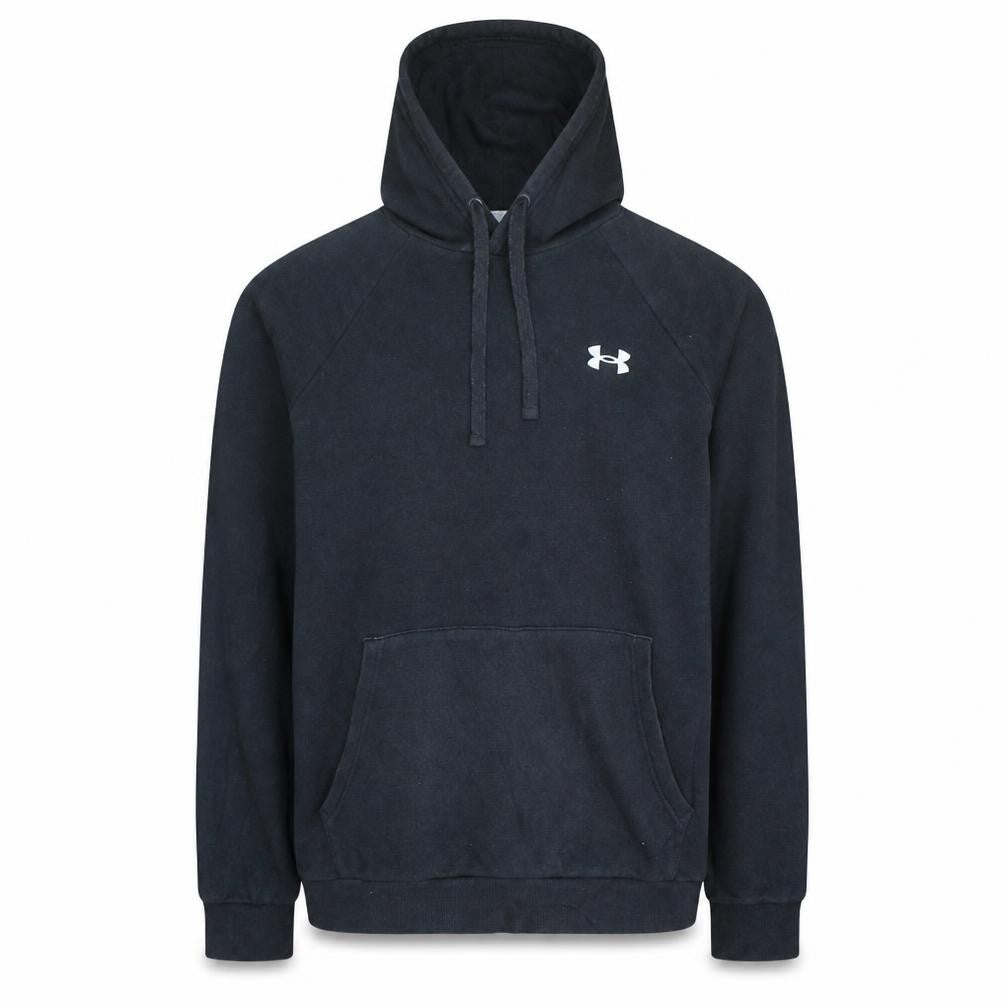 Front view of Under Armour men’s black small pullover hoodie fleece sweatshirt