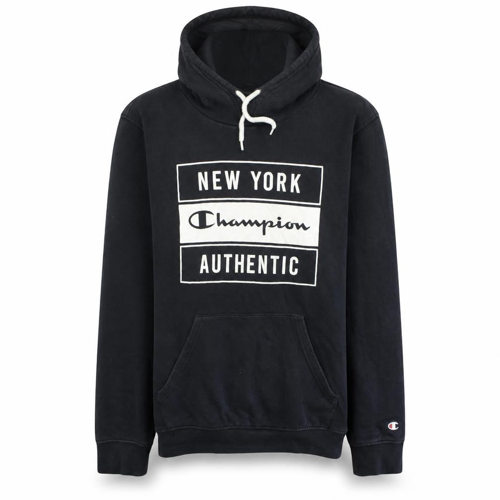 Front view of Champion Men's Black Pullover Hoodie Medium Graphic New York Authentic
