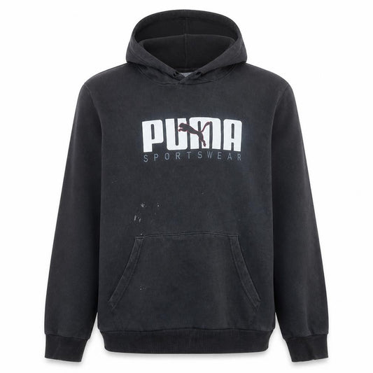 Front view of Puma Men's Black Pullover Hoodie L Logo Sports Fleece Sweatshirt