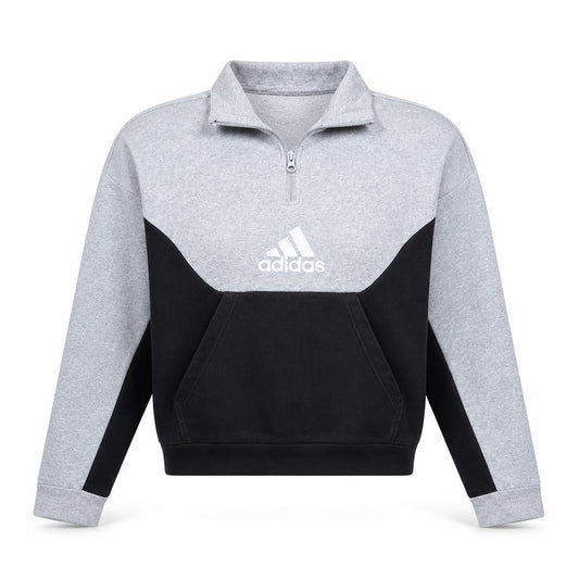 Front view of Adidas Women Grey Black 1/4 Zip Sweatshirt, size M, Cotton Blend