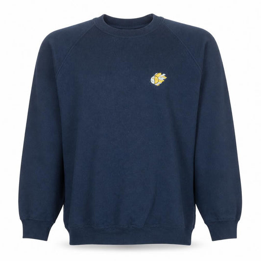 Front view of Russell men’s navy sweatshirt l crew neck embroidered fleece classic