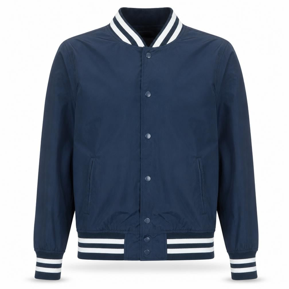 Front view of Goodfellow & Co Men's Blue Varsity Jacket M Water Resistant Casual
