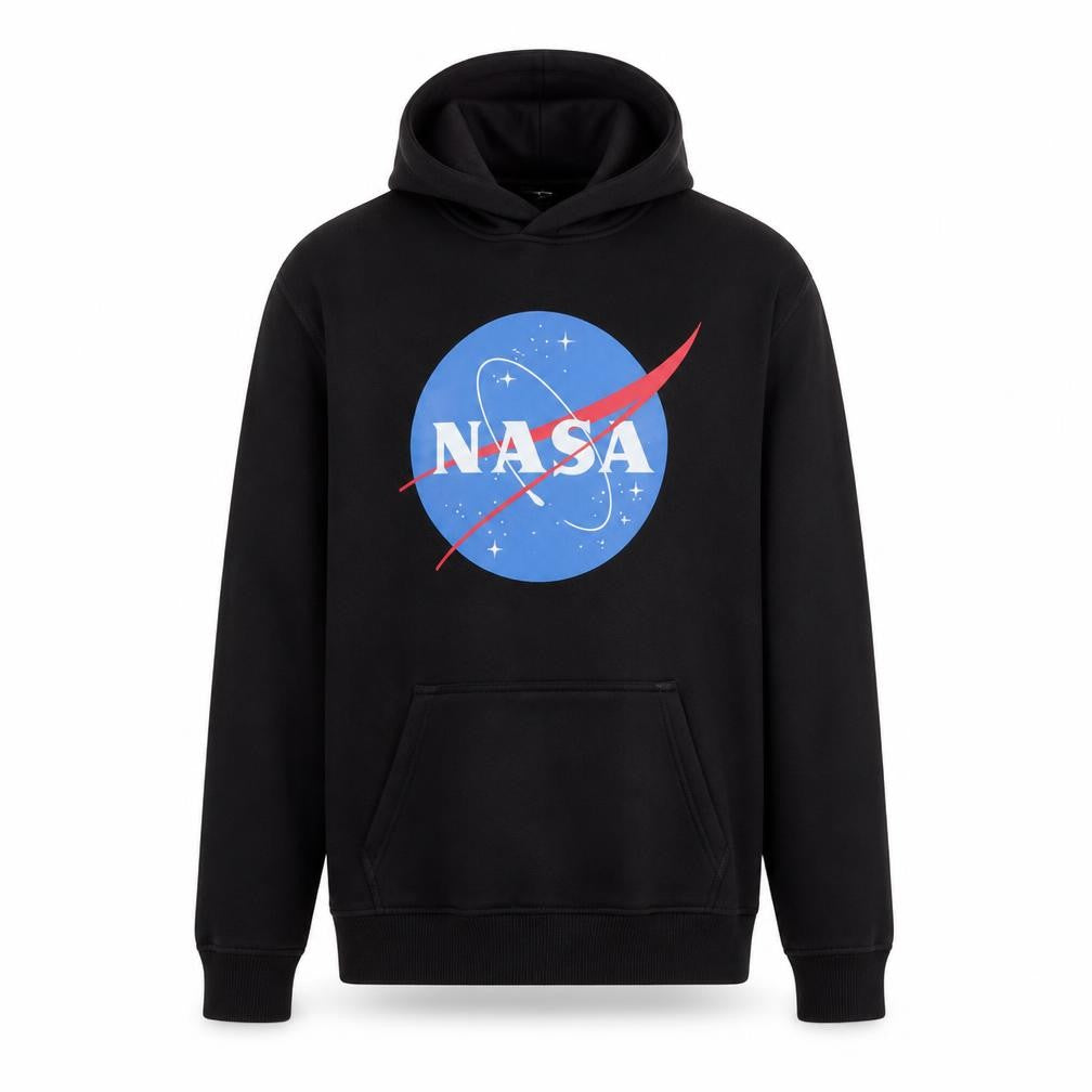 NASA Mens Black Pullover Hoodie L Logo Fleece Long Sleeve