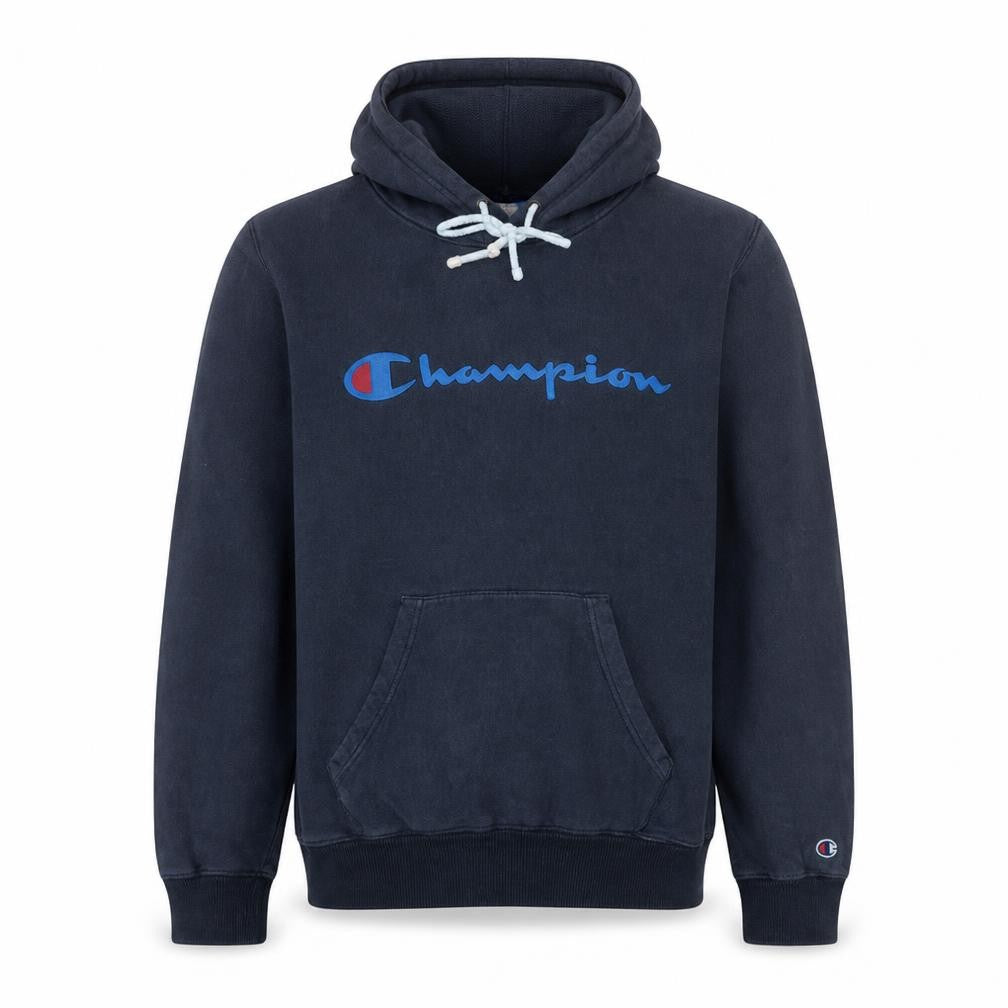 Front view of Champion Men's Blue Pullover Hoodie Medium Logo Fleece Sweatshirt