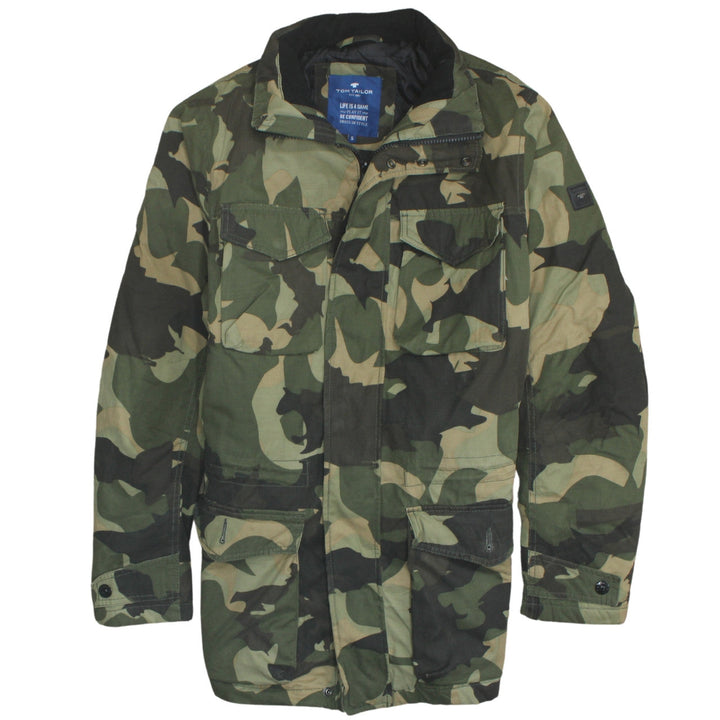 Tom Tailor Mens Green Camouflage Parka Jacket Size S Cotton Blend
