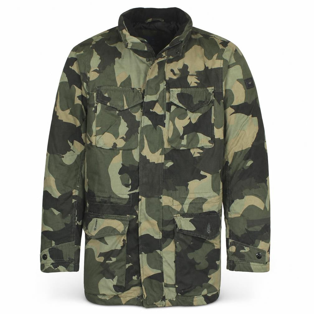 Front view of Tom Tailor men’s green camouflage parka jacket, size S, cotton blend