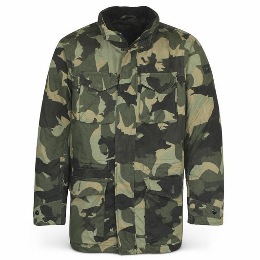 Front view of Tom Tailor men’s green camouflage parka jacket, size S, cotton blend