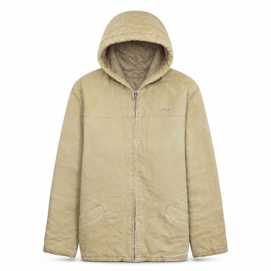Front view of Review Base Men's Beige Hooded Cotton Full Zip Jacket M