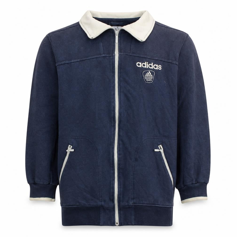 Front view of Adidas Men's Blue Full Zip Collared Sweatshirt, size S
