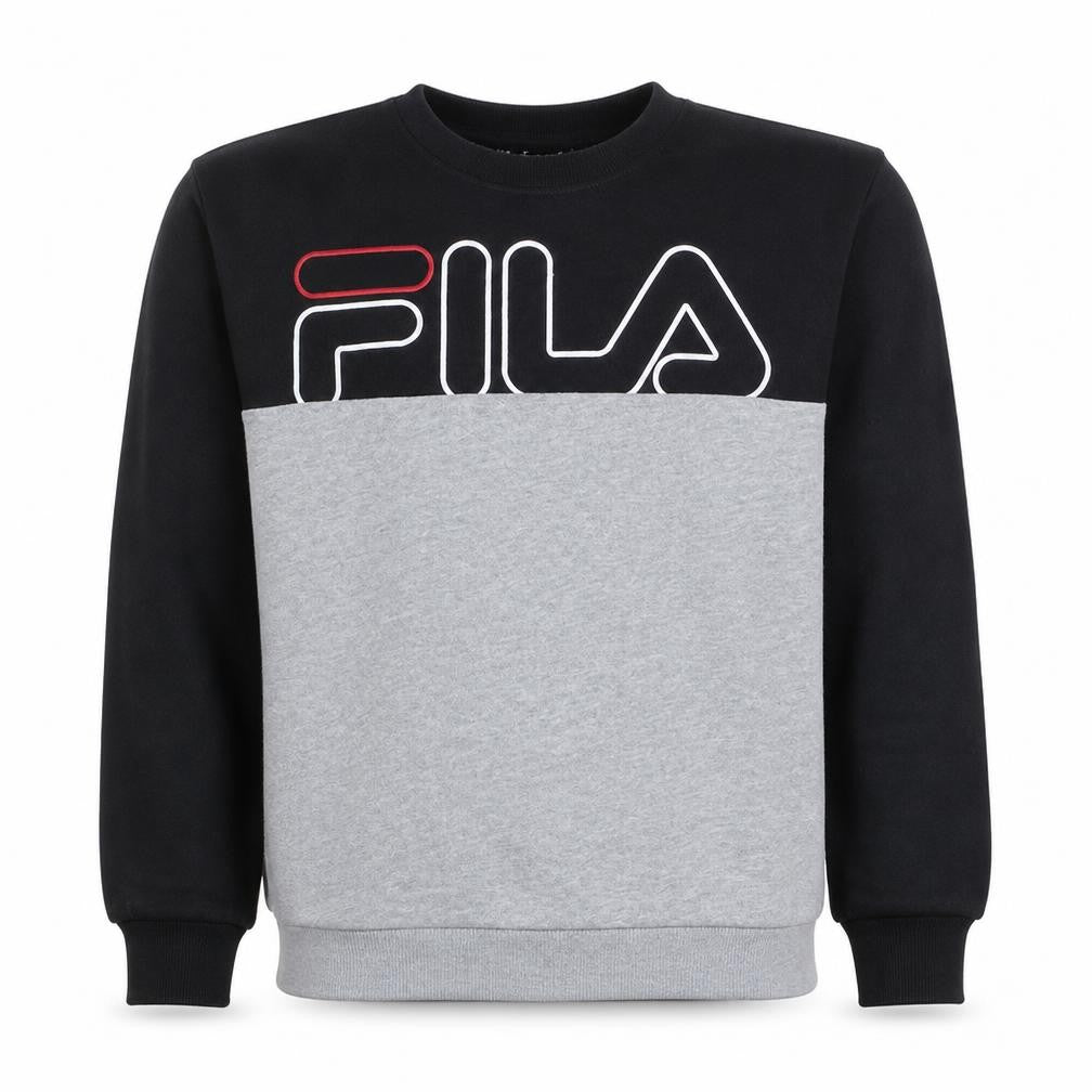 Front view of Fila men’s black grey crew neck logo sweatshirt, size L