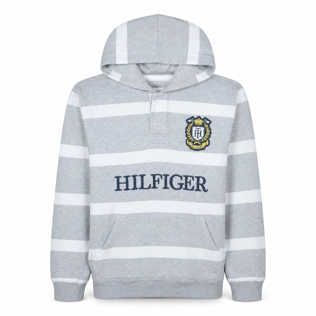 Front view of Tommy Hilfiger Men's Grey Striped Pullover Hoodie Medium