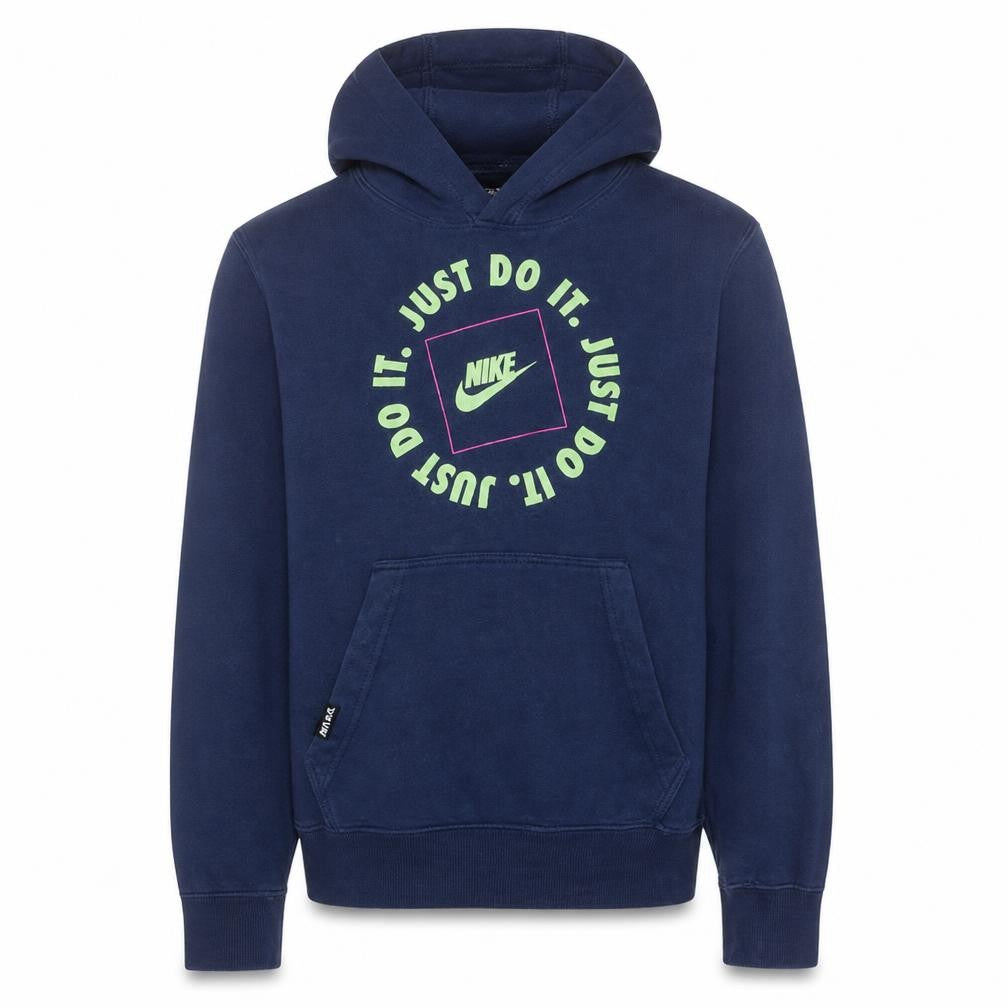 Front view of Nike Men's Blue XS Pullover Hoodie Just Do It Graphic Logo Sweatshirt