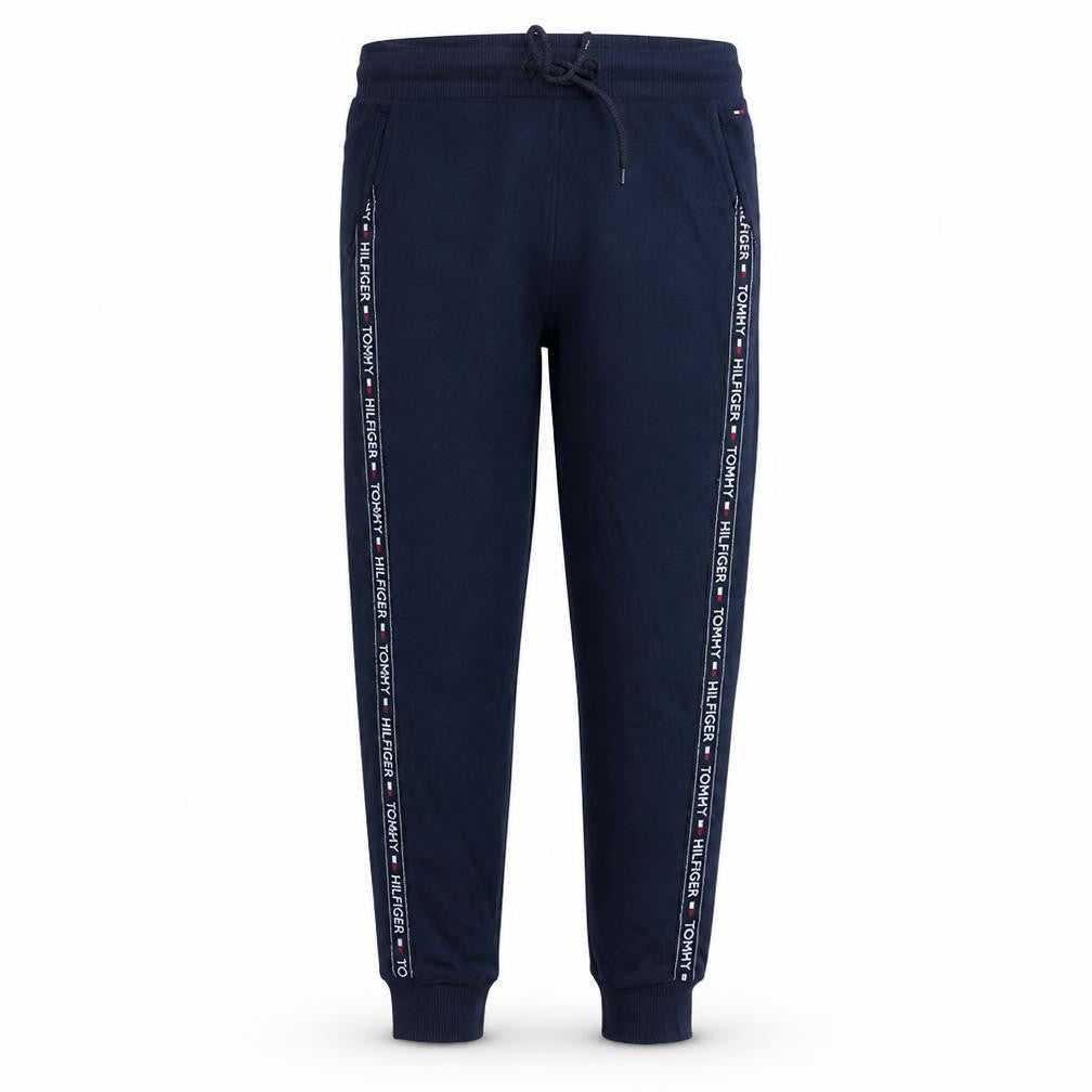Front view of Tommy Hilfiger Men Blue Jogger Trousers S Regular Fit Logo Tape