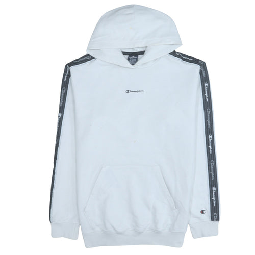 Champion Men White Pullover Hoodie Medium Logo Tape Sleeve Sportswear