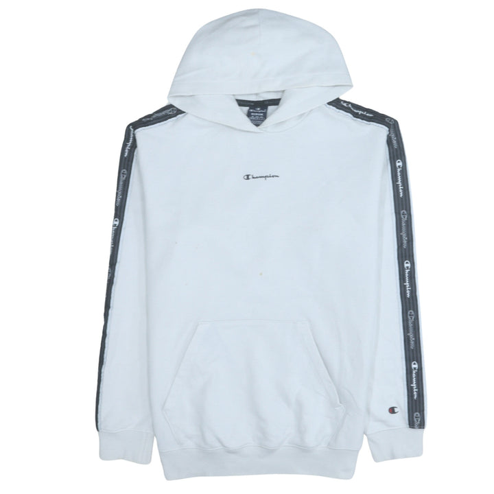Champion Men White Pullover Hoodie Medium Logo Tape Sleeve Sportswear