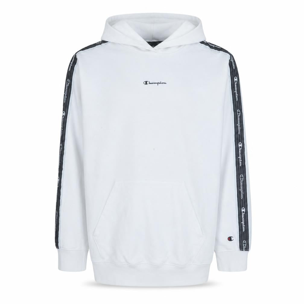 Front view of Champion Men White Pullover Hoodie Medium Logo Tape Sleeve Sportswear
