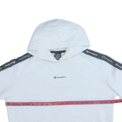 Champion Men White Pullover Hoodie Medium Logo Tape Sleeve Sportswear