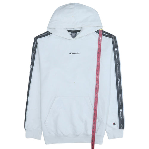 Champion Men White Pullover Hoodie Medium Logo Tape Sleeve Sportswear