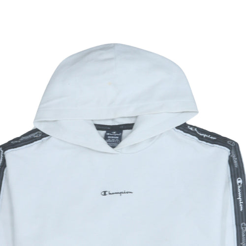 Champion Men White Pullover Hoodie Medium Logo Tape Sleeve Sportswear
