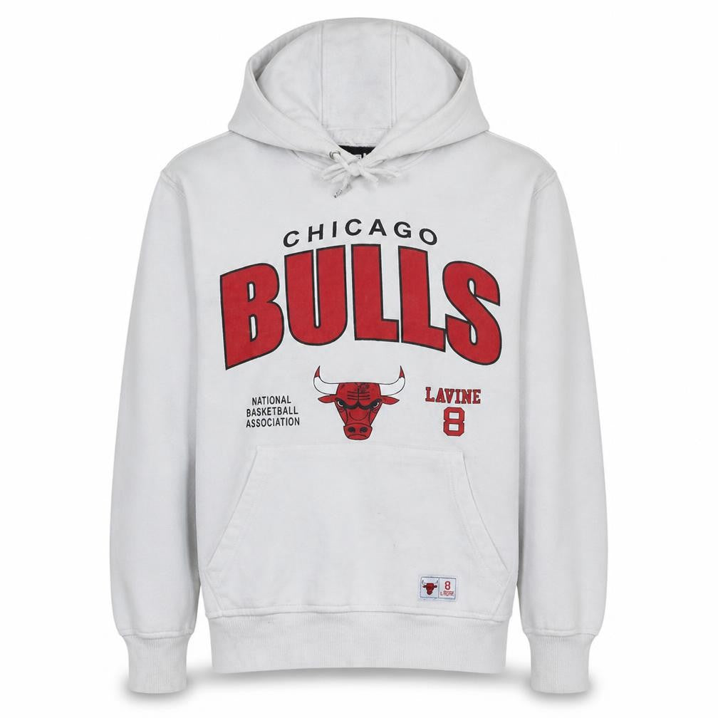 Front view of Primark Men’s White Chicago Bulls NBA Hoodie, size M, Pullover Fleece