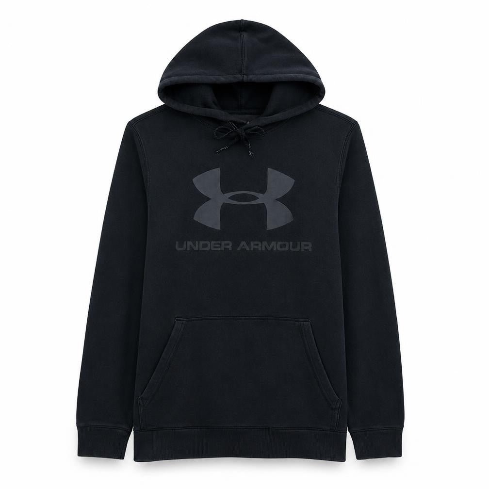 Front view of Under Armour Men's Black Pullover Hoodie Medium Athletic Fit