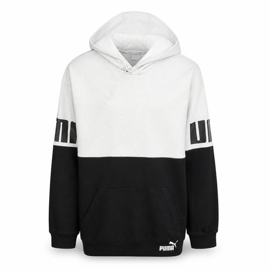 Front view of PUMA men’s black white pullover hoodie m logo fleece sportswear