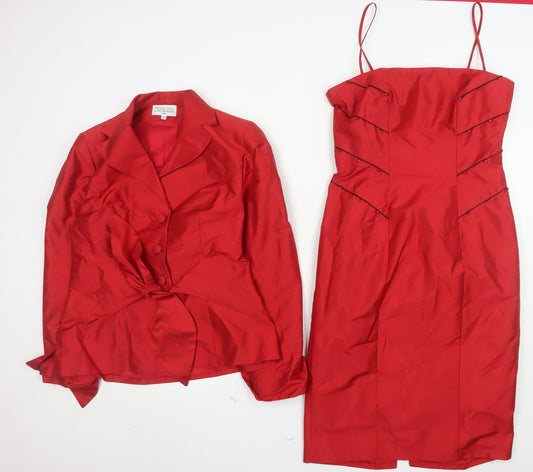 Petrovitch & Robinson Red Silk Skirt Suit Dress Set Women UK 12