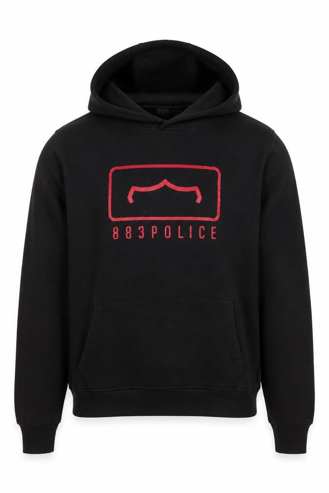 Front view of 883 Police Men's Black Graphic Pullover Hoodie, size M