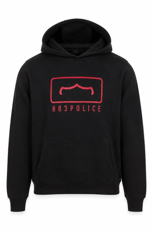 Front view of 883 Police Men's Black Graphic Pullover Hoodie, size M