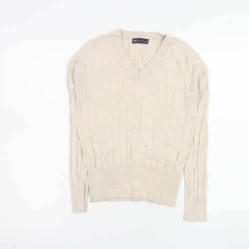 Marks and Spencer Womens Beige V-Neck Cable Knit Pullover Jumper XS