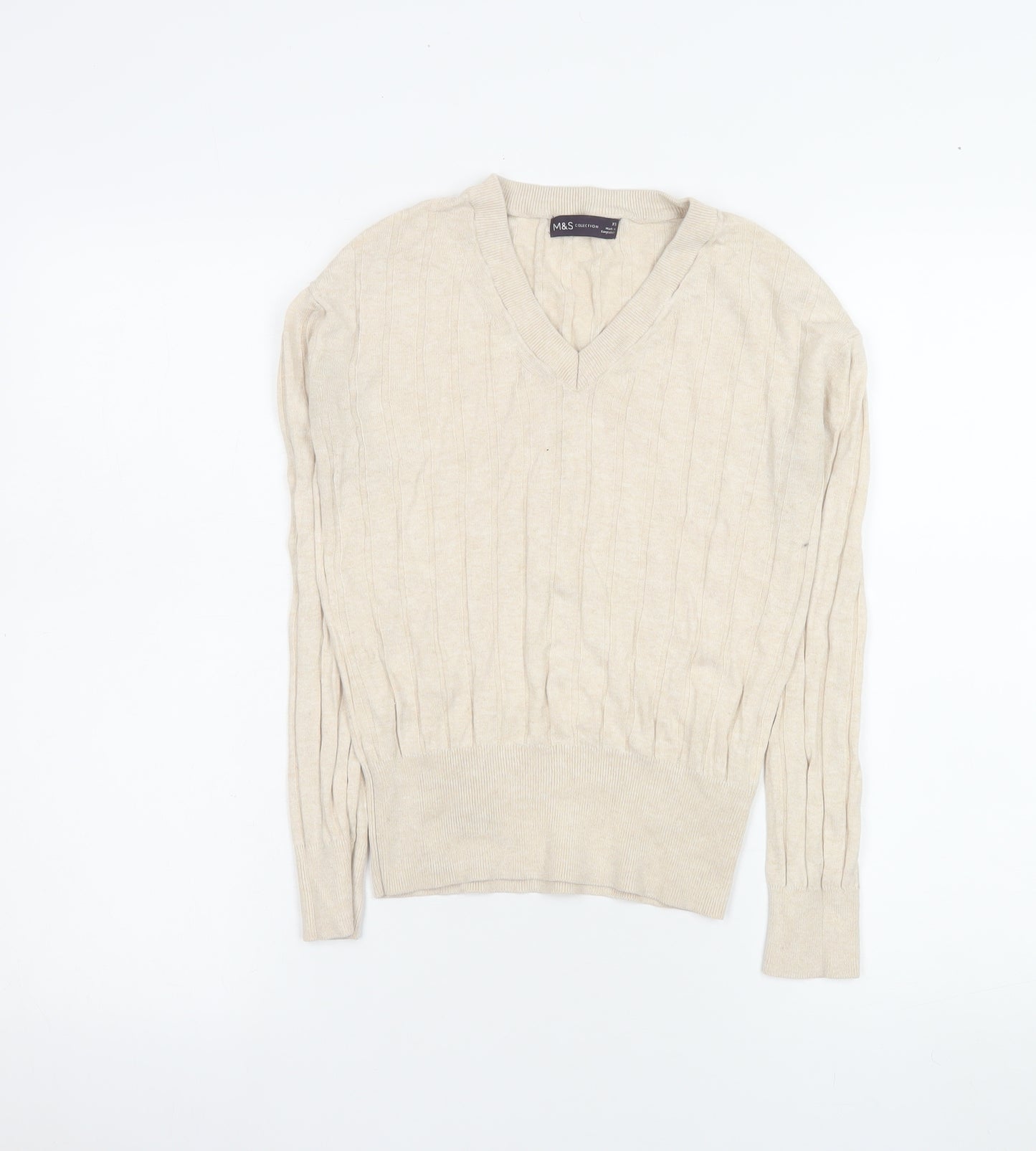 Marks and Spencer Womens Beige V-Neck Cable Knit Pullover Jumper XS