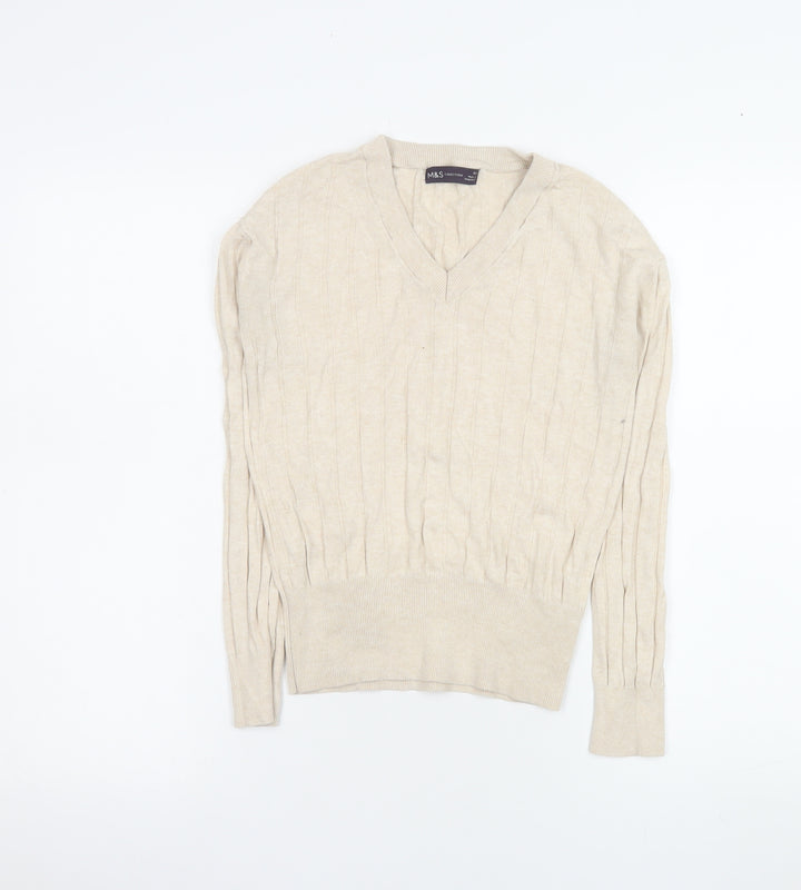Marks and Spencer Womens Beige V-Neck Cable Knit Pullover Jumper XS