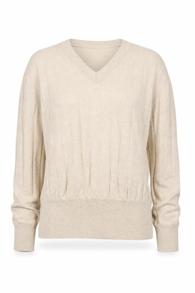 Front view of Marks & Spencer women’s beige v-neck cable knit jumper xs