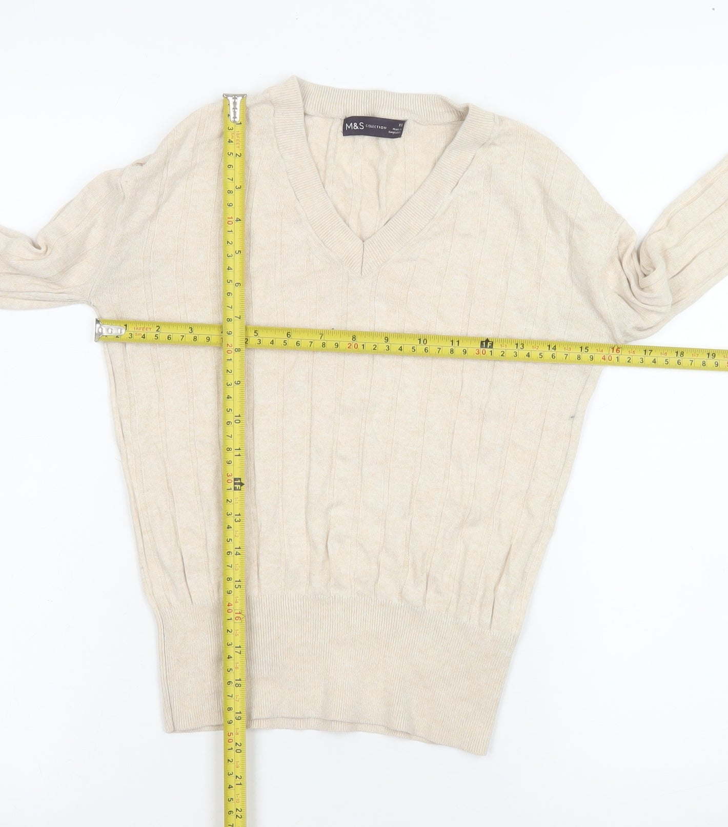 Marks and Spencer Womens Beige V-Neck Cable Knit Pullover Jumper XS