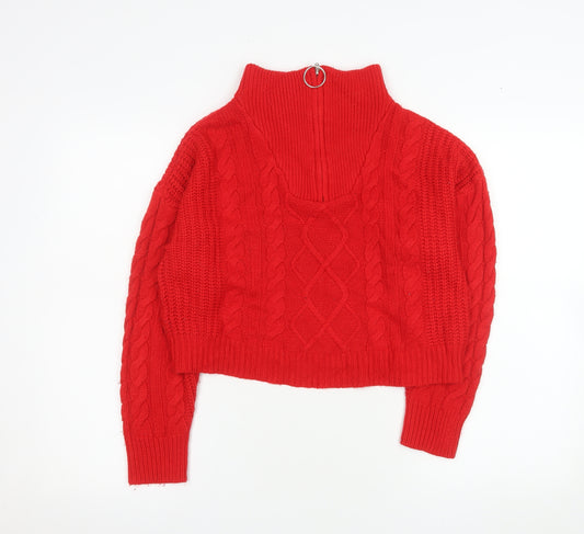 Brave Soul Women's Red Cable-Knit V-Neck Jumper Size 12
