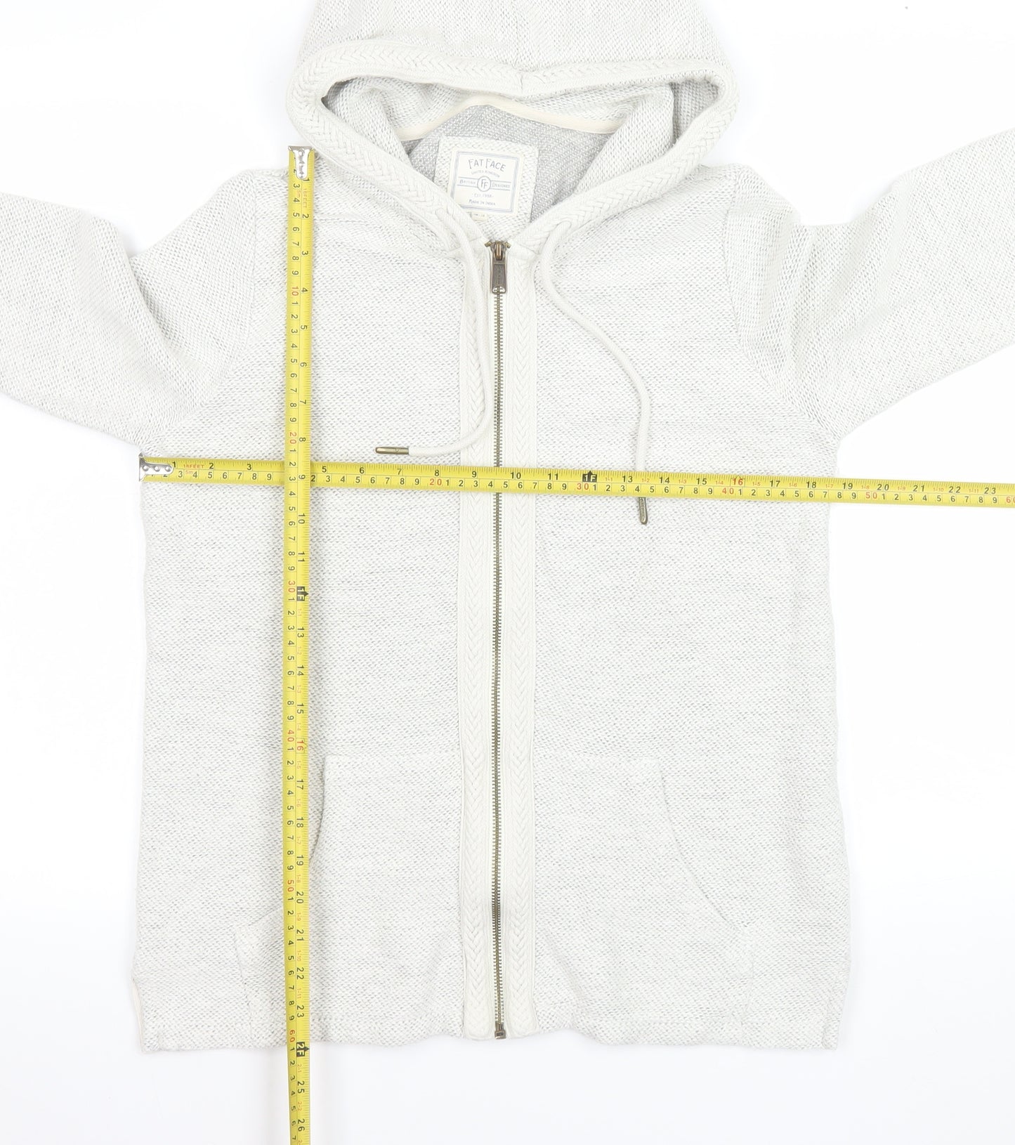 Fat Face Women Ivory Cotton Knit Hooded Zip Jacket Size 12