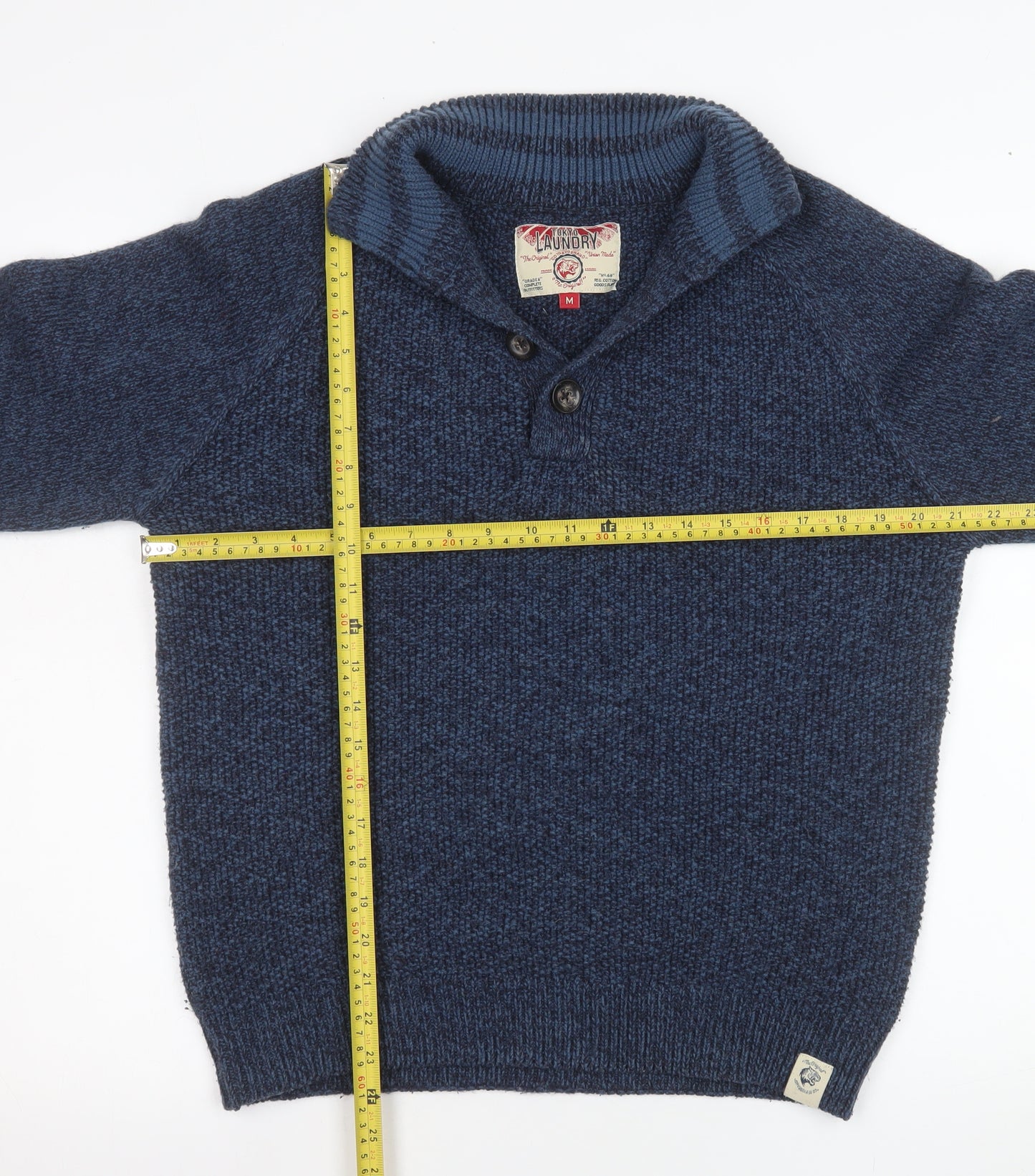 Tokyo Laundry Men's Blue Chunky Knit Henley Jumper Size M