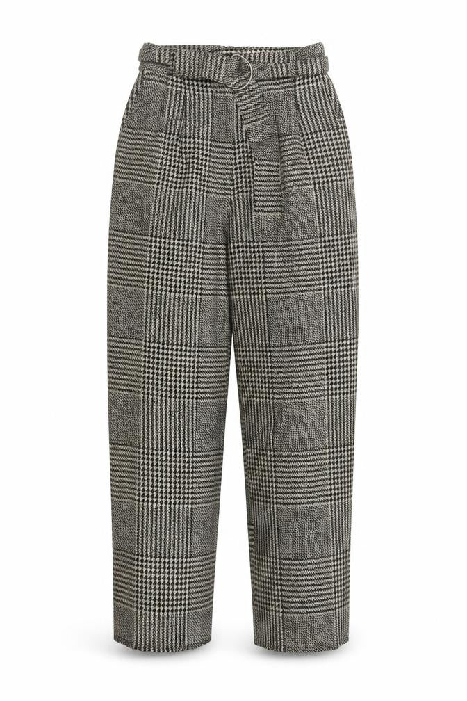 Front view of Light Before Dark Women's Black Check Tweed Paperbag Trousers XS