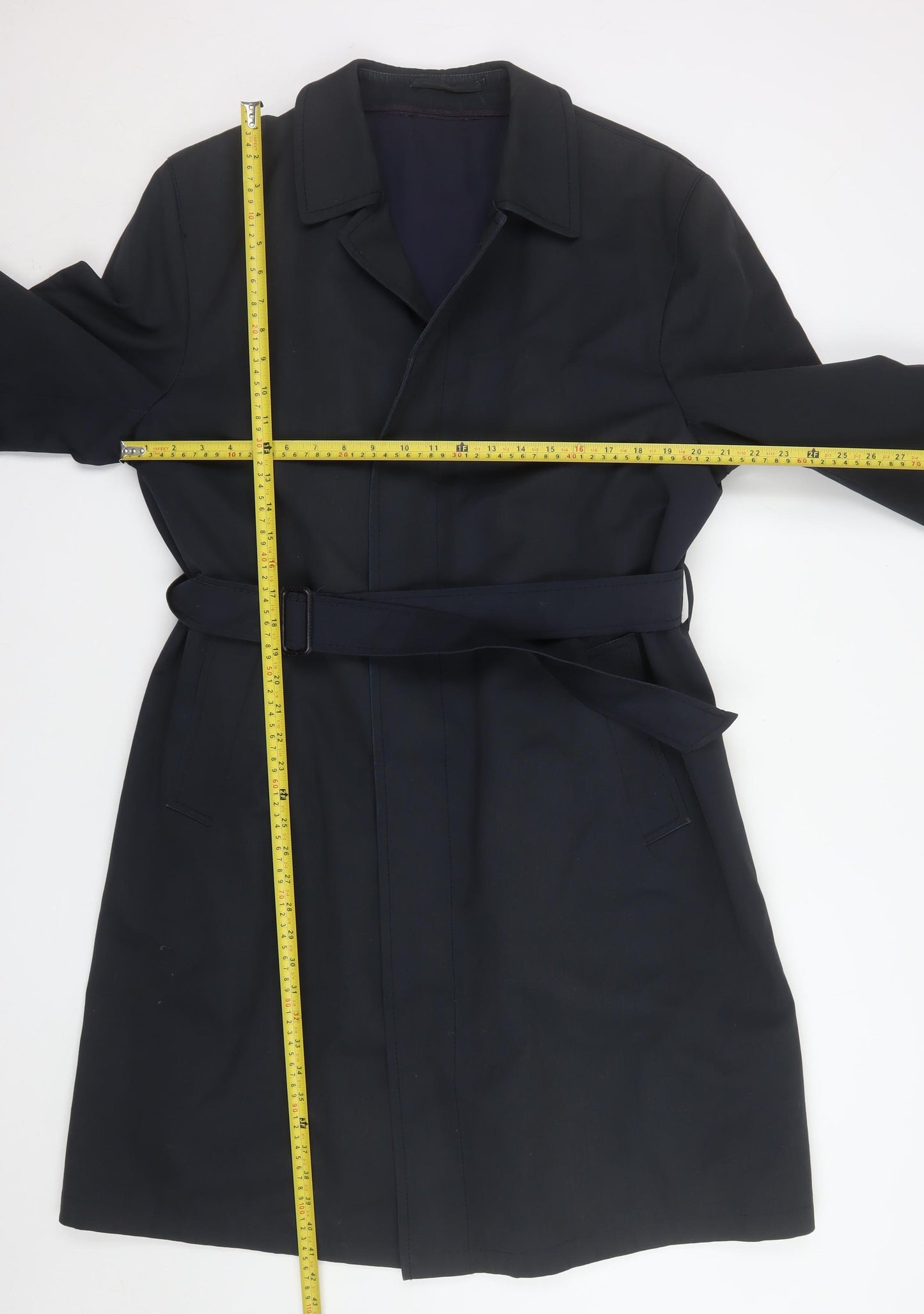 C&A Canda Men's Black 44in Trench Coat Belted Mid-Length Classic Workwear