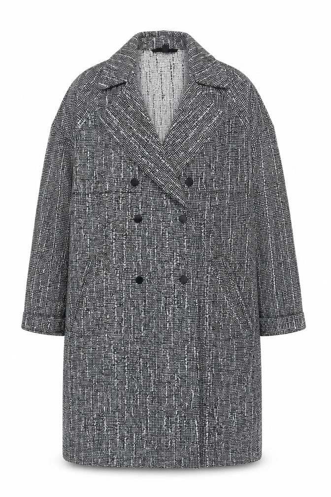 Front view of Topshop Women's Grey Check Long Tweed Overcoat UK 12